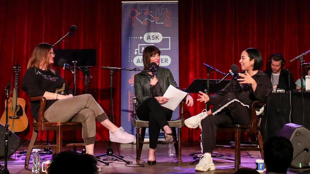 Host Ophira Eisenberg speaks with Greta Lee and Leslye Headland at The Bell House for a live taping of Ask Me Another