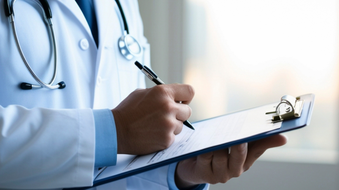 Doctor taking notes on clipboard