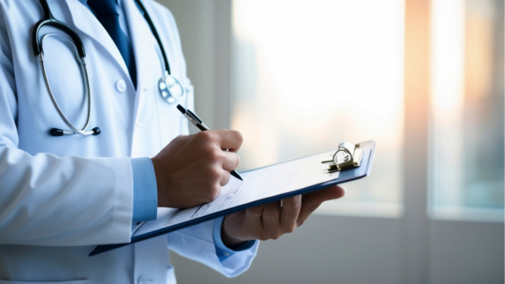 Doctor taking notes on clipboard